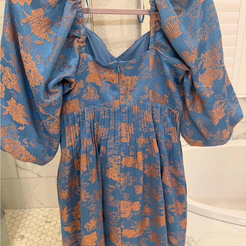 Greylin Blue Mini Dress with Copper Floral Jacquard